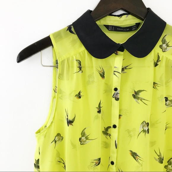 Zara Tops - Zara Sheer Bird Print Faux Leather Collar Top A19